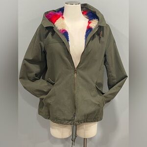 Belle Vere Anthropologie Hood Army Green Jacket Colorful Faux Fur Lined-Sz M